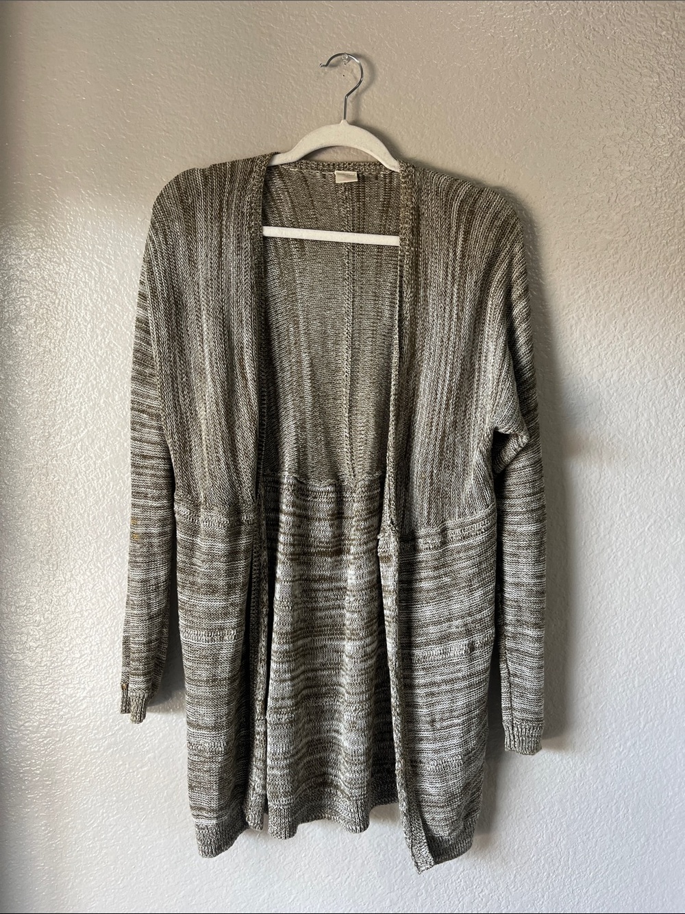 Wild Pearl Marled Olive Green White Open-Front Knit Cardigan Cotton Sz S TC0163